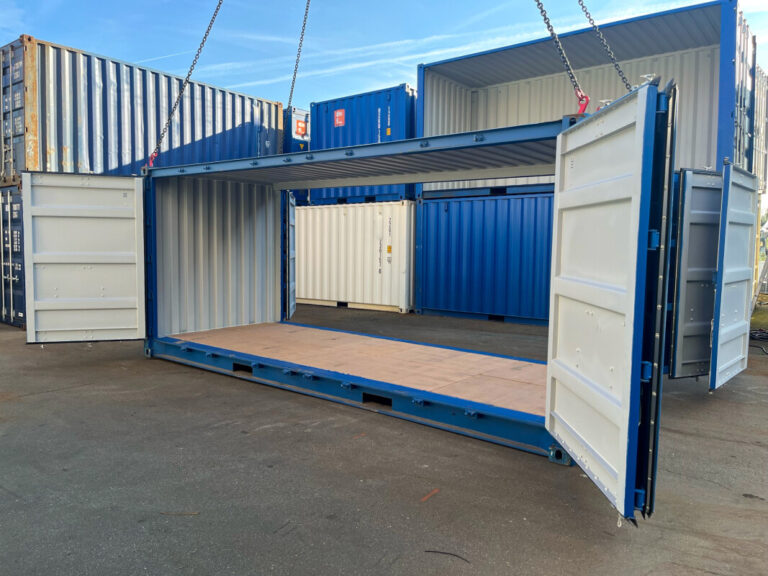 Contenedor marítimo 20′ con doble apertura lateral - Acero CORTEN - Azul - Nuevo